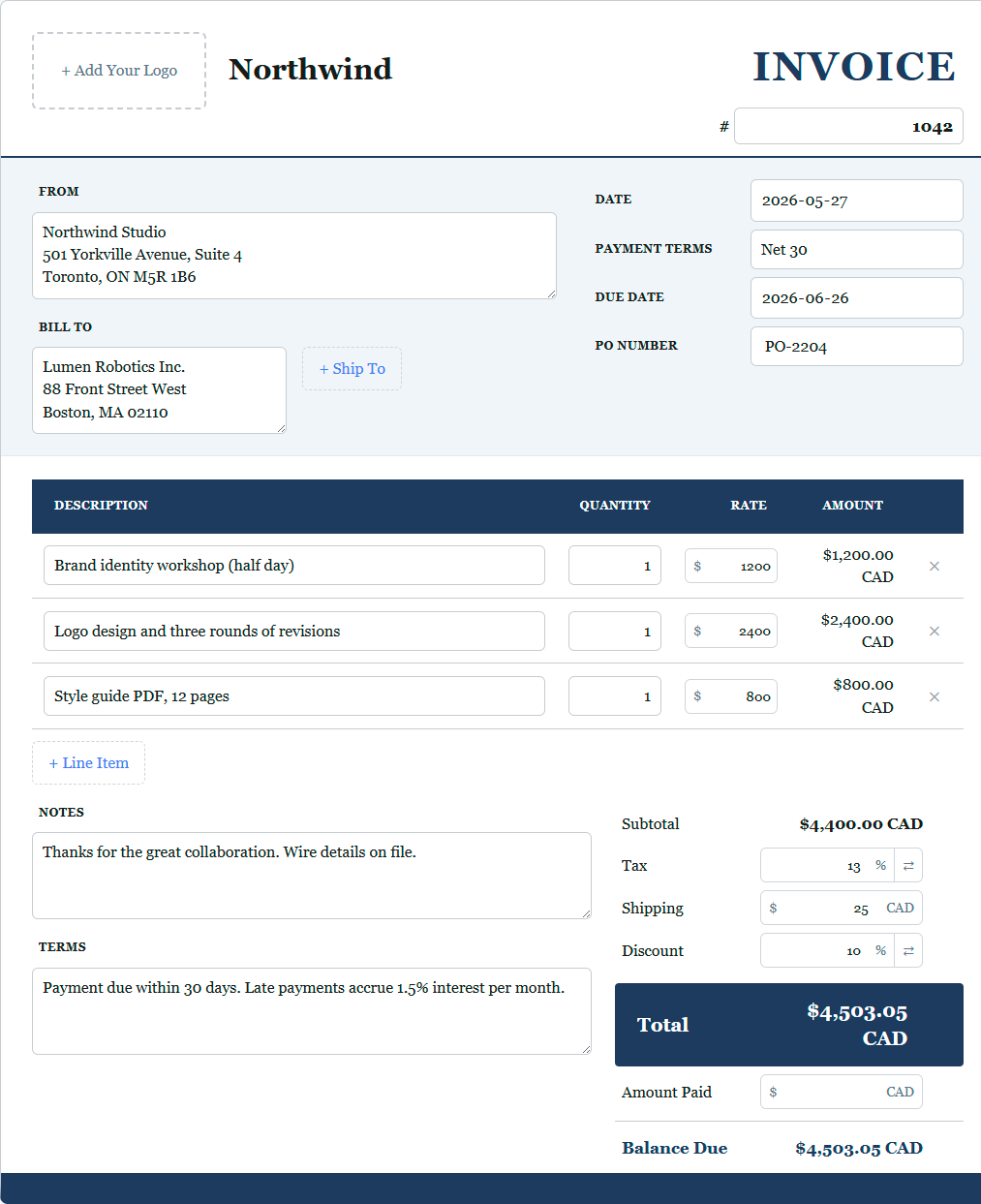 Formal invoice template preview