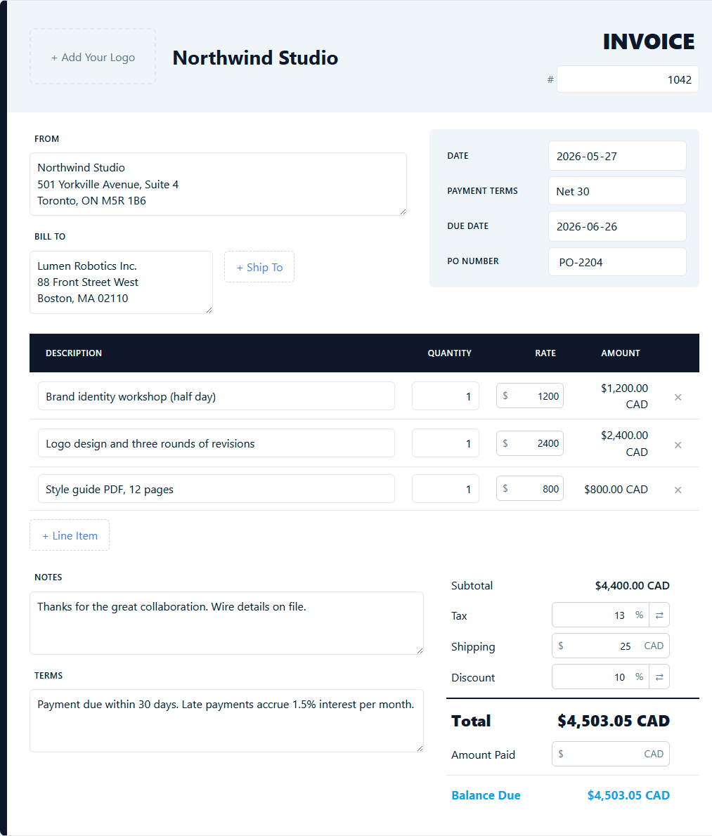 Modern style invoice preview