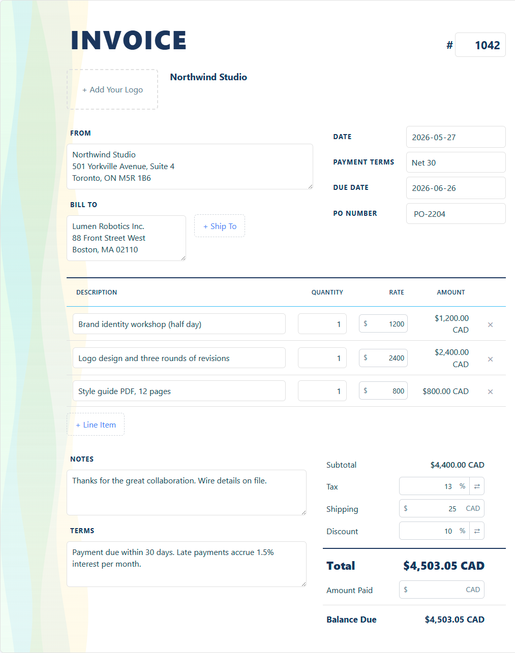 Ribbon invoice template preview